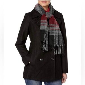 NWT London Fog Prescott Double-Breasted Wool Coat w/ Scarf | Size Medium